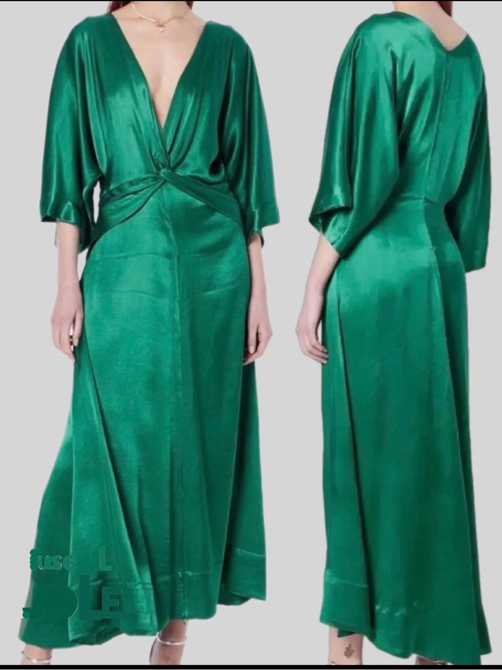 Emerald Green Satin Maxi Dress with Twist Front and Deep V-Neck
